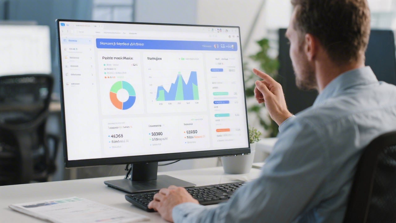Marketing professional reviewing online advertising campaign on a large monitor with charts, budgets and conversion metrics, showing a structured approach to paid media