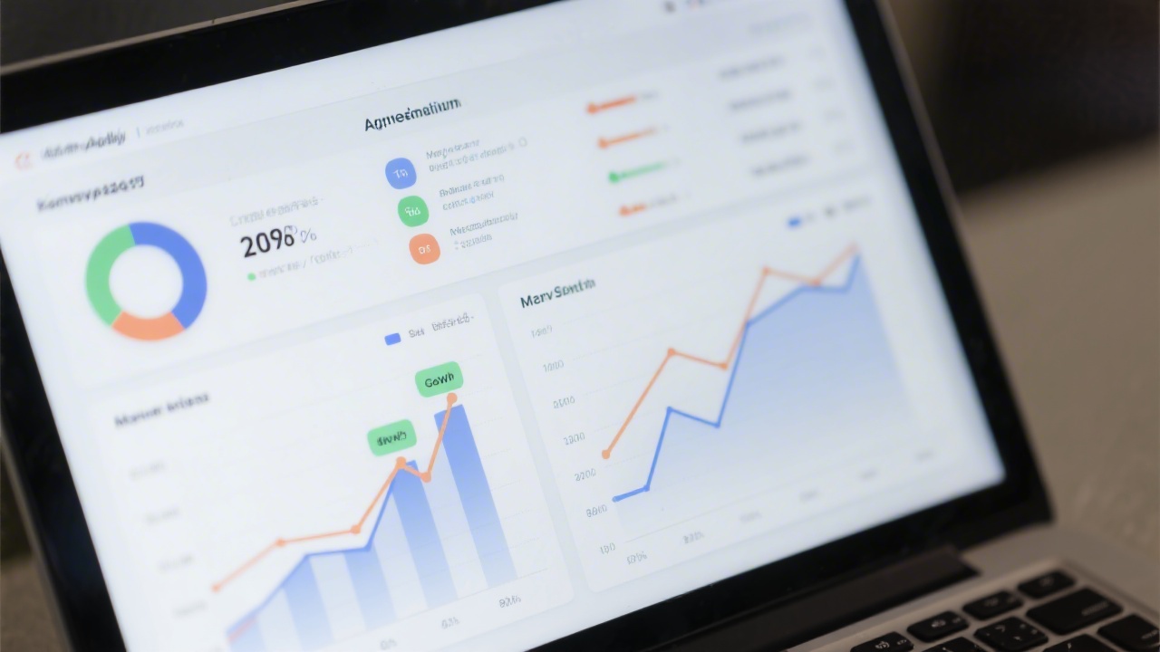 Close-up of analytics dashboard on a laptop showing charts, conversion metrics and growth lines, symbolizing data-driven marketing decisions and performance monitoring