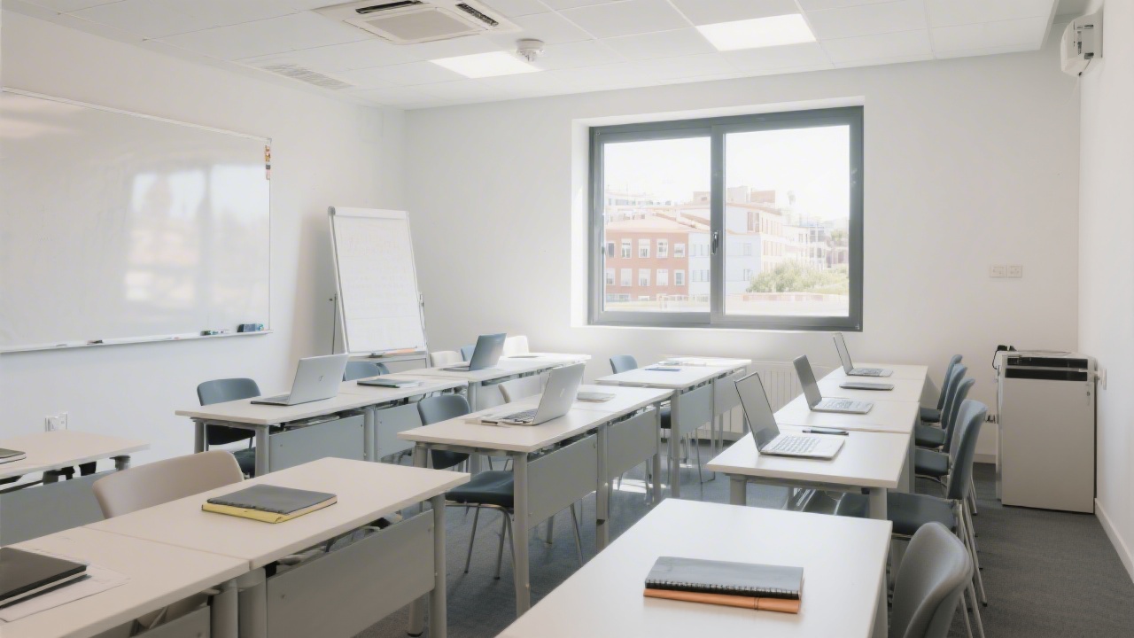 Bright modern classroom in Zaragoza with long tables, notebooks, laptops and a large window, conveying a calm and professional learning atmosphere for business training